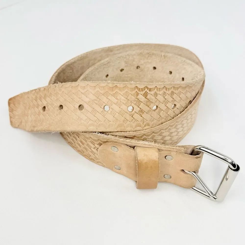 Heritage Leather Co. Light Brown Tooled Weave Raw Leather Unisex Belt